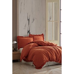 Hermes %100 Pamuklu Fırfırlı Çift Kişilik Nevresim Takımı 200*220 Hrmsckt Kiremit