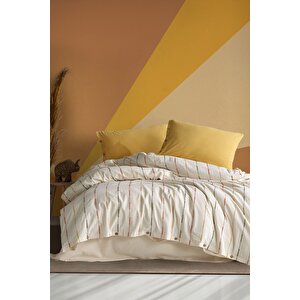 Iris %100 Pamuklu Yıkamalı İpliği Boyalı Vintage Battal Boy Nevresim Takımı 240*220 Irskt Ekru