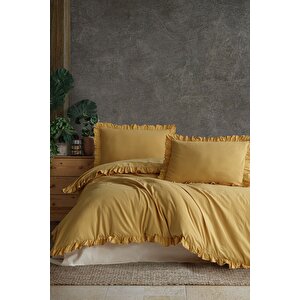 Daphne %100 Pamuklu Fırfırlı Çift Kişilik Nevresim Takımı 200*220 Dphnckt Sarı