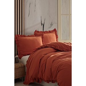 Hermes %100 Pamuklu Fırfırlı Tek Kişilik Nevresim Takımı 160*220 Hrmstkt Kiremit