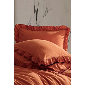 Hermes %100 Pamuklu Fırfırlı Tek Kişilik Nevresim Takımı 160*220 Hrmstkt Kiremit