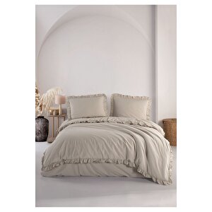 Hemera %100 Pamuklu Fırfırlı Vintage Çift Kişilik Nevresim Takımı 200*220 Taş Rengi