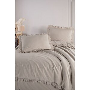 Hemera %100 Pamuklu Fırfırlı Vintage Çift Kişilik Nevresim Takımı 200*220 Taş Rengi