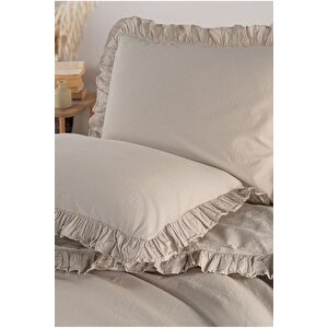 Hemera %100 Pamuklu Fırfırlı Vintage Çift Kişilik Nevresim Takımı 200*220 Taş Rengi