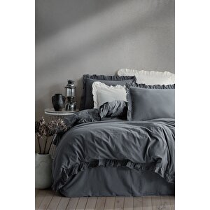 Graphite %100 Pamuklu Fırfırlı Tek Kişilik Nevresim Takımı 160*220 Grphttkt Antrasit