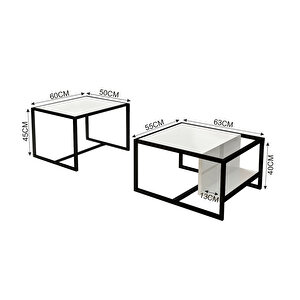 Batı 2’li Modern Orta Sehpa Takımı – Metal Ayaklı, Alt Raflı, Beyaz