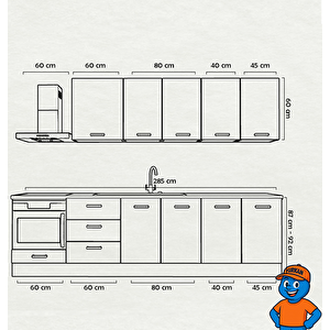 285 Cm Mutfak Dolabı  Mdf Kapak Tezgah Dahil Yrkn285 102