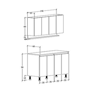 140 Cm Venda Mutfak Dolabı, Mini Mutfak Dolabı, Çok Amaçlı Dolap