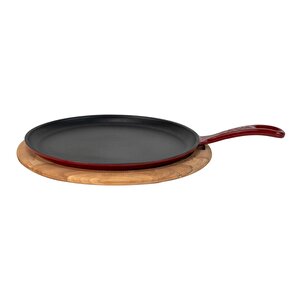 Döküm Yuvarlak Pizza Krep Pankek Tavası Döküm Demir Yekpare Saplı Kayın Servis Ahşabı Çap(ø)26cm.-bordo