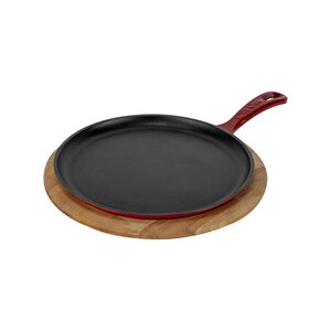 Döküm Yuvarlak Pizza Krep Pankek Tavası Döküm Demir Yekpare Saplı Kayın Servis Ahşabı Çap(ø)26cm.-bordo