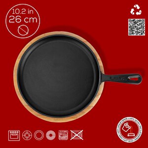 Döküm Yuvarlak Pizza Krep Pankek Tavası Döküm Demir Yekpare Saplı Kayın Servis Ahşabı Çap(ø)26cm.-bordo