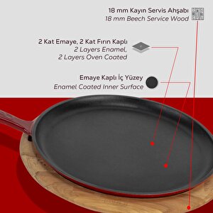 Lava Döküm Yuvarlak Pizza Krep Pankek Tavası Döküm Demir Yekpare Saplı Kayın Servis Ahşabı Çap(ø)26cm.-bordo