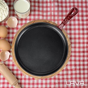 Lava Döküm Yuvarlak Pizza Krep Pankek Tavası Döküm Demir Yekpare Saplı Kayın Servis Ahşabı Çap(ø)26cm.-bordo