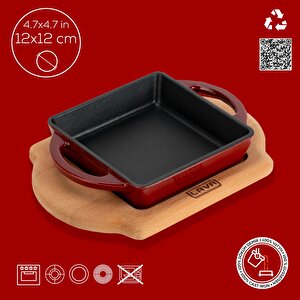 Lava Döküm Kare Sahan Döküm Demir Yekpare Çift Kulplu Kayın Servis Ahşabı Ölçü 12x12cm.-bordo