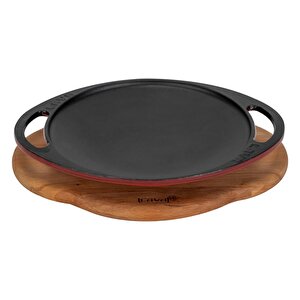 Döküm Yuvarlak Saç Kavurma Tavası Döküm Demir Yekpare Çift Kulplu Kayın Servis Ahşabı Çap(ø)20cm.-bordo