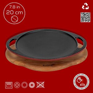 Lava Döküm Yuvarlak Saç Kavurma Tavası Döküm Demir Yekpare Çift Kulplu Kayın Servis Ahşabı Çap(ø)20cm.-bordo