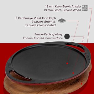 Lava Döküm Yuvarlak Saç Kavurma Tavası Döküm Demir Yekpare Çift Kulplu Kayın Servis Ahşabı Çap(ø)20cm.-bordo