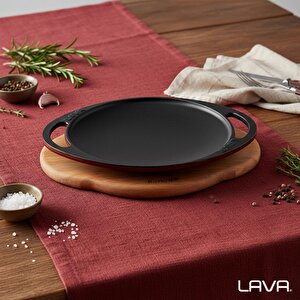 Lava Döküm Yuvarlak Saç Kavurma Tavası Döküm Demir Yekpare Çift Kulplu Kayın Servis Ahşabı Çap(ø)20cm.-bordo