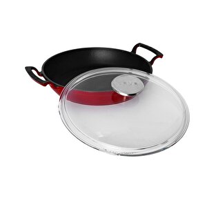 Döküm Yuvarlak Sahan Çap(ø)24cm. Döküm Demir Yekpare Çift Kulplu Cam Kapaklı - Kırmızı