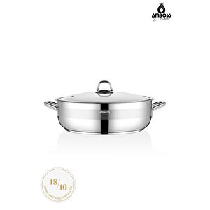 Saphire Paslanmaz Çelik 32 Cm Cam Kapaklı Basık Tencere