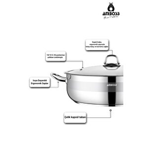 Saphire Paslanmaz Çelik 34 Cm Cam Kapaklı Basık Tencere