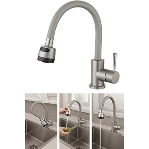 Gri Silikonlu 2 Fonksiyonlu Kubar Musluk Başlığı – 360° Oynar Başlık, Su Tasarruflu Tasarım