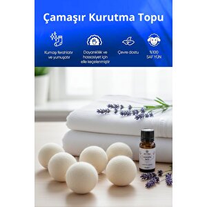 6 Adet Çamaşır Yün Kurutma Topu + %100 Saf Lavanta Esansı