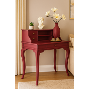 120 Cm 5 Çekmeceli Masif Bordo Raflı Çalışma Masası