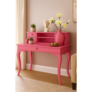 120 Cm 5 Çekmeceli Masif Pembe Raflı Çalışma Masası