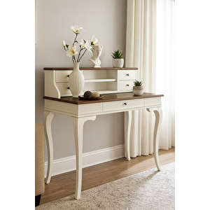 Wooding Mobilya 100 Cm 5 Çekmeceli Masif Beyaz Ceviz Raflı Çalışma Masası
