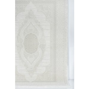 Osmanlı Medalyonlu Halı Desenli Pamuk Tabanlı Salon - Oturma Odası  Krem Renk Halı 160x230 cm