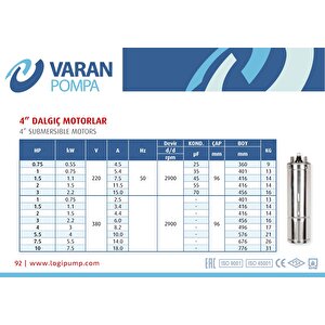 Varan 3 Hp / 2.2 Kw Tek Motor | Monofaze 220 V | 4" Derin Kuyu Pompası Sondaj Motoru | Vtm 3-m