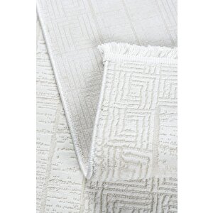 Grid Motifli Geometri Modern Tasarımlı Pamuk Tabanlı Salon - Oturma Odası  Krem Renk Halı 200x290 cm