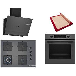 Bosch Gri 3 Lü Ankastre Set 457 ( Hua717bn0t - Poh7c9p30o - Dwk67pj70t  ) 67cm Wok Bek Ocak - Buhar Destekli Fırın - Pişirme Matı Ile
