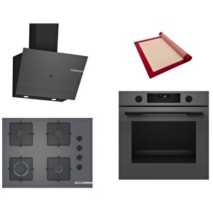 Gri 3 Lü Ankastre Set 474 ( Hua736en0t - Pop7c9p30o - Dwk67pj70t  ) 67cm Ocak - Buhar Destekli - Pişirme Matı Ile