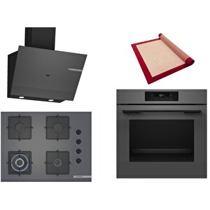 Gri 3 Lü Ankastre Set 465 ( Hjg852yn0t - Poh7c9p30o - Dwk67pj70t  ) 67cm Wok Bek Ocak - 3d Fry Hava Ile Kızartma - Pişirme Matı Ile