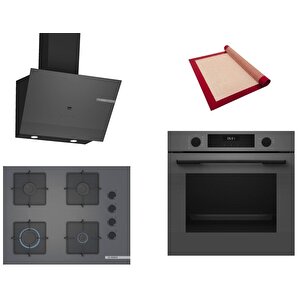 Gri 3 Lü Ankastre Set 469 ( Hua717bn0t - Pop7c9p30o - Dwk67pj70t  ) 67cm Ocak - Buhar Destekli - Pişirme Matı Ile