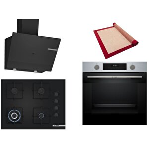 Siyah 3 Lü Ankastre Set 458 ( Hua717br0t - Poh7c6p30o - Dwk67pj60t  ) 67cm Wok Bek Ocak - Buhar Destekli Inox Fırın - Pişirme Matı Ile