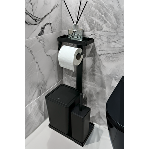 3'ü 1 Arada Banyo Seti Tuvalet Kağıtlık, Çöp Kovası Ve Tuvalet Fırça Takımı (mat Siyah)