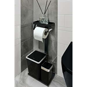 3'ü 1 Arada Banyo Seti Tuvalet Kağıtlık, Çöp Kovası Ve Tuvalet Fırça Takımı (krom Siyah)