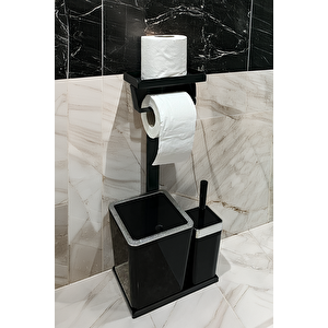 3'ü 1 Arada Banyo Seti Tuvalet Kağıtlık, Çöp Kovası Ve Tuvalet Fırça Takımı (krom Siyah)