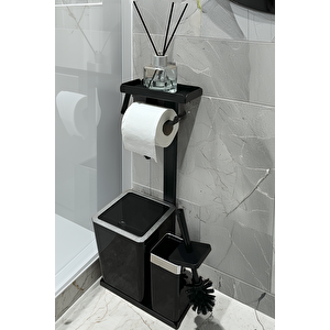 3'ü 1 Arada Banyo Seti Tuvalet Kağıtlık, Çöp Kovası Ve Tuvalet Fırça Takımı (krom Siyah)