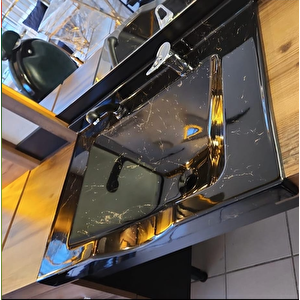 Dökme Akrilik Berber Lavabosu Siyah Gümüş Desenli  73x52 Cm