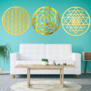 Yaşam Çiçeği Lotus Sriyantra  Üçlü Duvar Dekorasyonu Set Ahşap Mdf Üzerine Gold Altın Srısı Aynalı Pleksi 30x90 cm