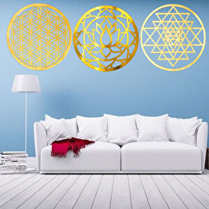 Yaşam Çiçeği Lotus Sriyantra  Üçlü Duvar Dekorasyonu Set Ahşap Mdf Üzerine Gold Altın Srısı Aynalı Pleksi 30x90 cm