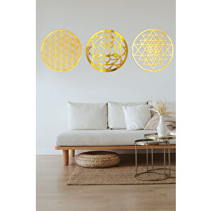 Yaşam Çiçeği Lotus Sriyantra  Üçlü Duvar Dekorasyonu Set Ahşap Mdf Üzerine Gold Altın Srısı Aynalı Pleksi 30x90 cm