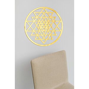 Sri Yantra Geometrik Ahşap Mdf Üzerine Gold Altın Sarısı Aynalı Pleksi Duvar Dekorasyonu 30x30 cm