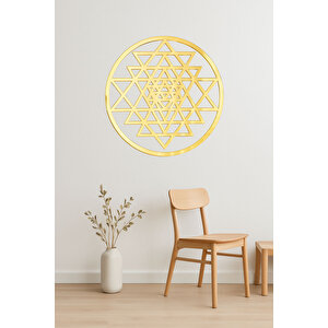 Sri Yantra Geometrik Ahşap Mdf Üzerine Gold Altın Sarısı Aynalı Pleksi Duvar Dekorasyonu 30x30 cm