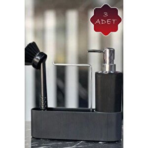 3 Lü Krom Kapaklı Siyah Deterjanlık Fırçalı Mutfak Banyo Temizlik Seti Düzenleyici Mit1175