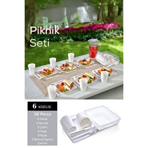 6 Kişilik Çantalı Beyaz Çatal Bıçak Kaşık Ve Tabak Piknik Seti Mit1232